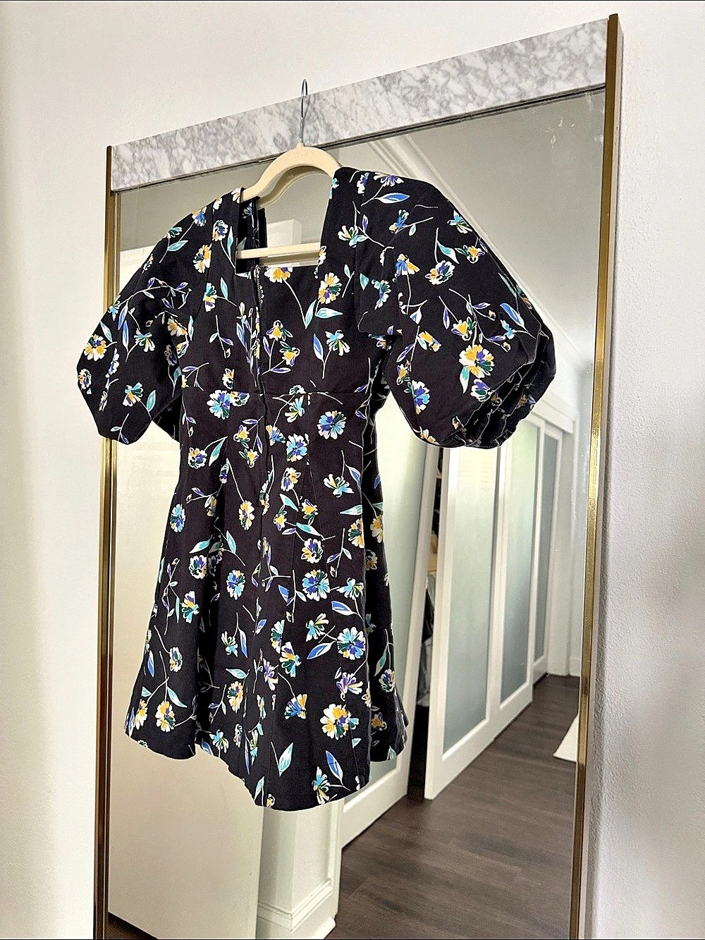 NICHOLAS Lydia Black Floral Print Mini Dress in Black & Blue XS/S